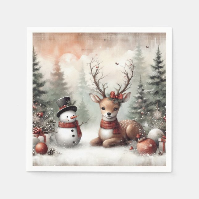 Classic woodland Christmas deer/snowman Napkins (Front)