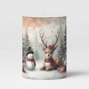 Classic woodland Christmas deer/snowman Pillar Candle