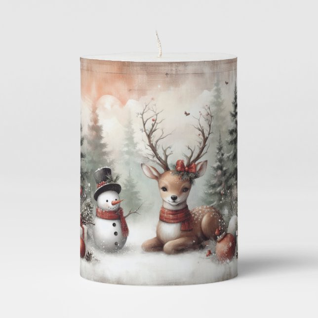 Classic woodland Christmas deer/snowman Pillar Candle (Front)