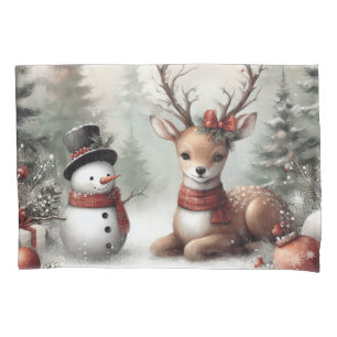 Classic woodland Christmas deer/snowman Pillow Case