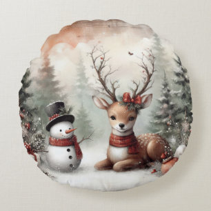 Classic woodland Christmas deer/snowman Round Pillow