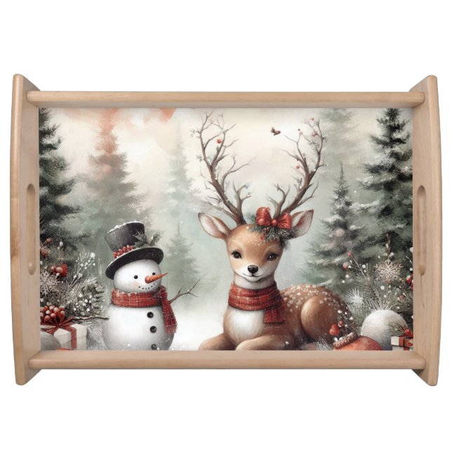 Classic woodland Christmas deer/snowman Serving Tray (Front)