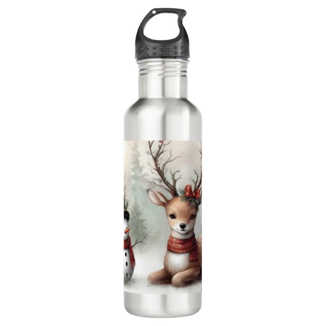 Classic woodland Christmas deer/snowman Stainless Steel Water Bottle (Front)