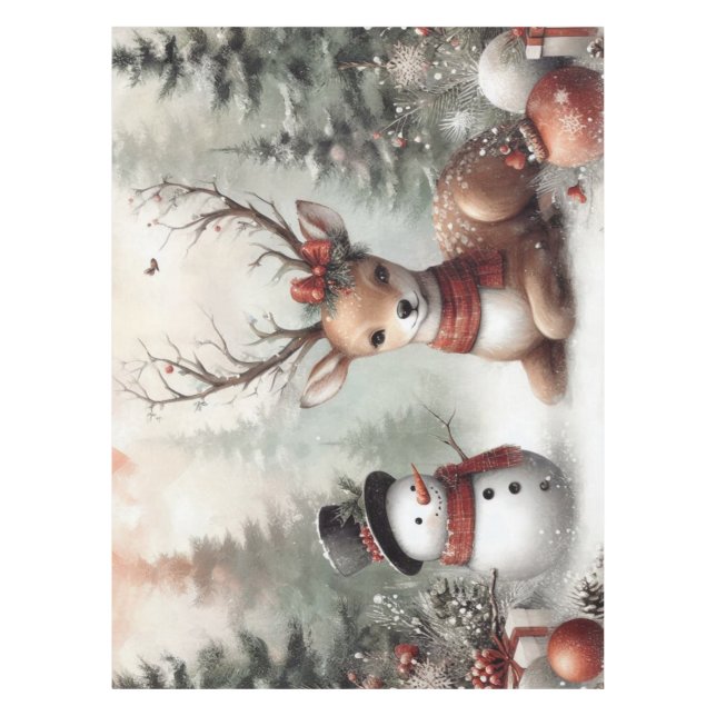 Classic woodland Christmas deer/snowman Tablecloth (Front)