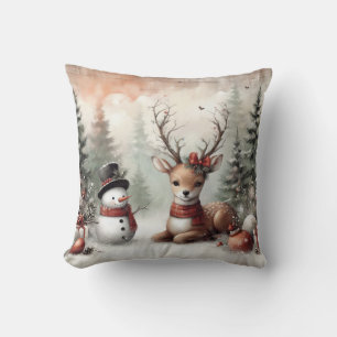 Classic woodland Christmas deer/snowman Throw Pillow