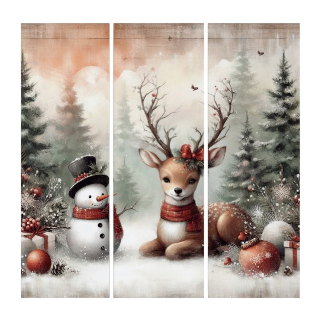 Classic woodland Christmas deer/snowman Triptych (Front)