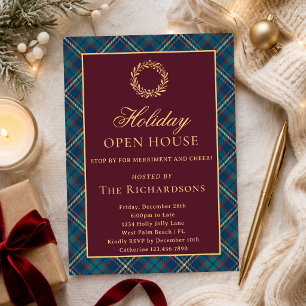 Classic Wreath Burgundy Plaid Christmas Open House Invitation