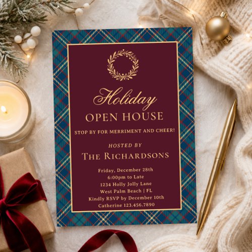 Classic Wreath Burgundy Plaid Christmas Open House Invitation