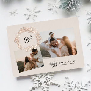 Classic wreath Christmas photo collage Rose Gold Foil Holiday Card