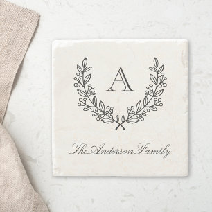 Classic Wreath Custom Family Name Initial Stone Coaster