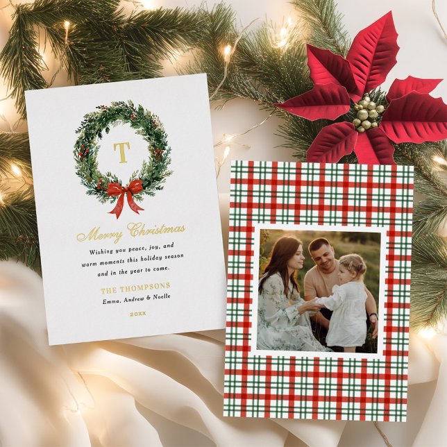 Classic Wreath Monogram Christmas Family Name Gold Foil Holiday Card (Creator Uploaded)