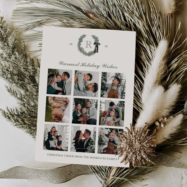 Classic Wreath Monogram Multi-Photo Holiday Card (Creator Uploaded)