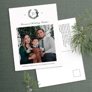 Classic Wreath Monogram Photo Holiday Postcard