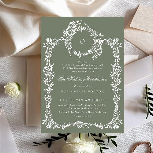 Classic Wreath Monogram Sage Green Elegant Wedding Invitation