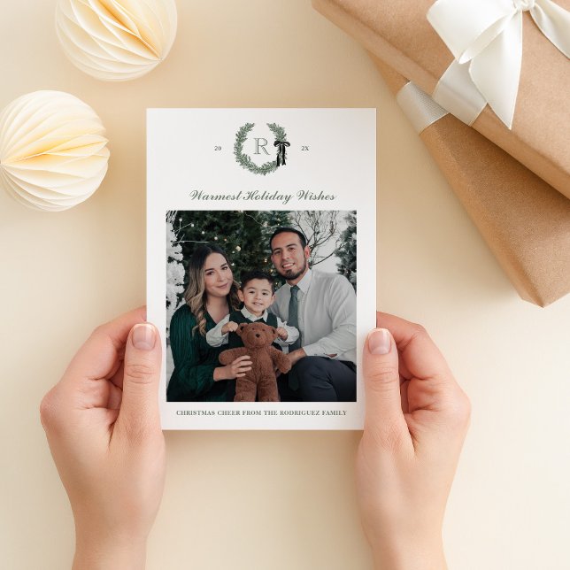 Classic Wreath Monogram Single Photo Holiday Card (Creator Uploaded)