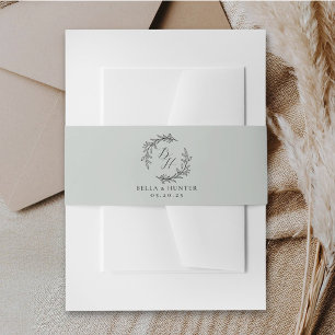 Classic Wreath Monogram Soft Sage Wedding Invitation Belly Band