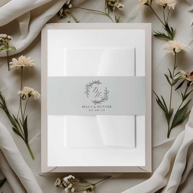 Classic Wreath Monogram Soft Sage Wedding Invitation Belly Band (Creator Uploaded)