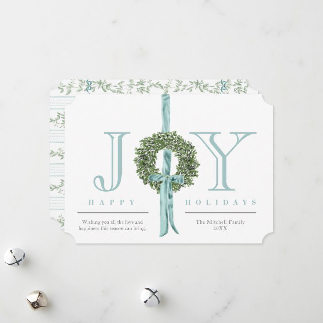 Classic Wreath Ribbon Watercolor Pattern No Photo Holiday Card (Front/Back In Situ)