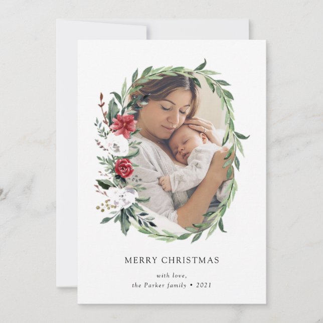 Classic Wreath | Simple Two Photo Merry Christmas Holiday Card (Front)