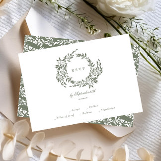 Classic Wreath White & Sage Green Elegant Wedding RSVP Card