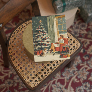 Classic Xmas Scene Woman Dog Decorated Tree Holiday Card