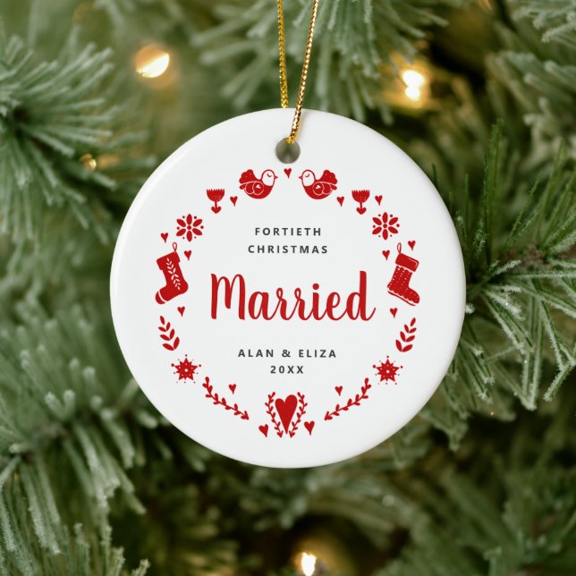 Classic Xmas Themed Personalized 40th Year Married Ceramic Ornament (Tree)