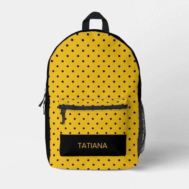 Classic Yellow & Black Polka Dot Pattern Printed Backpack (Front)