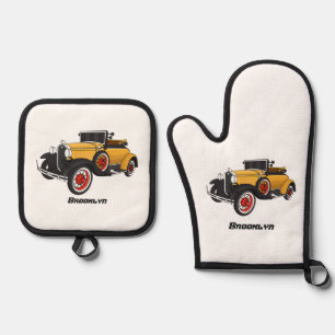 Classic yellow car 1931 oven mitt & pot holder set
