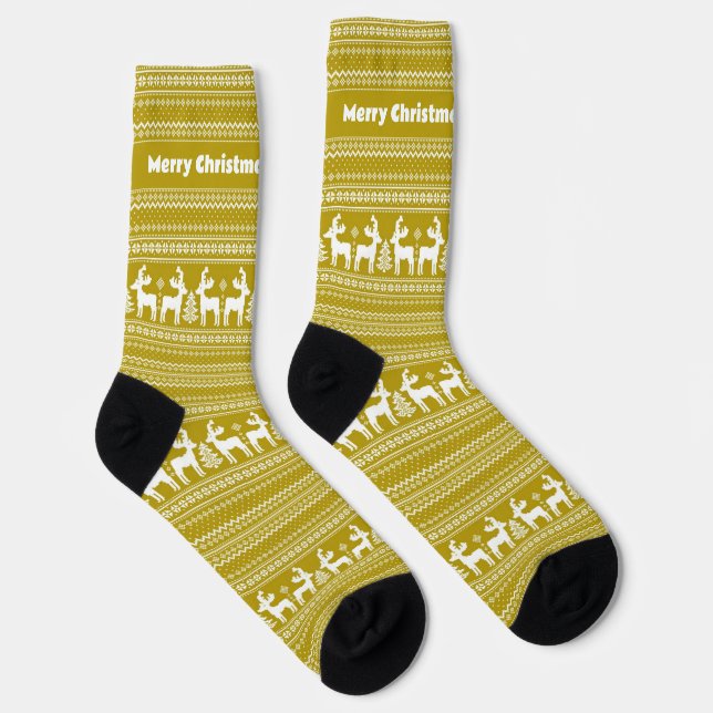 Classic yellow Christmas pattern with reindeer Socks (Right)