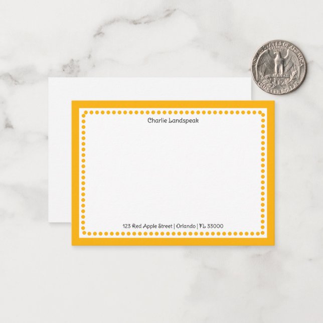 Classic Yellow Dotted Frame Custom Name, Address Note Card (Front/Back In Situ)