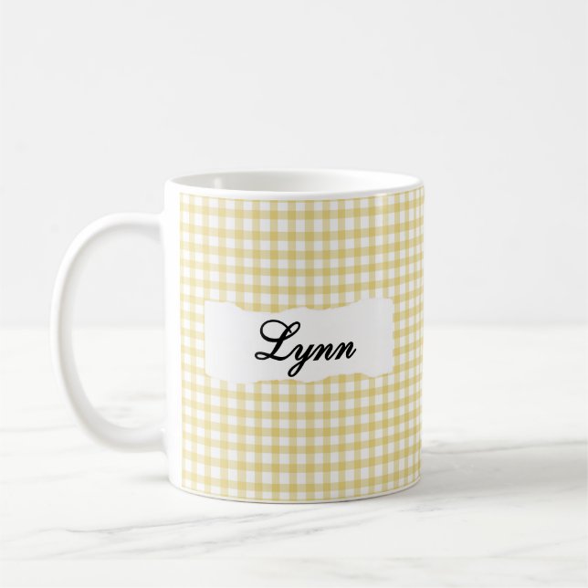 Classic Yellow Gingham Personalized Name  Coffee Mug (Left)