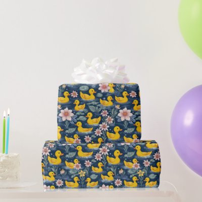Classic Yellow Rubber Duckies With Pink Flowers Wrapping Paper