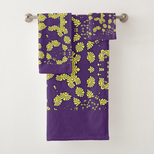 Classic Yellow Shells Purple 3 Piece Poly Cotton  Bath Towel Set
