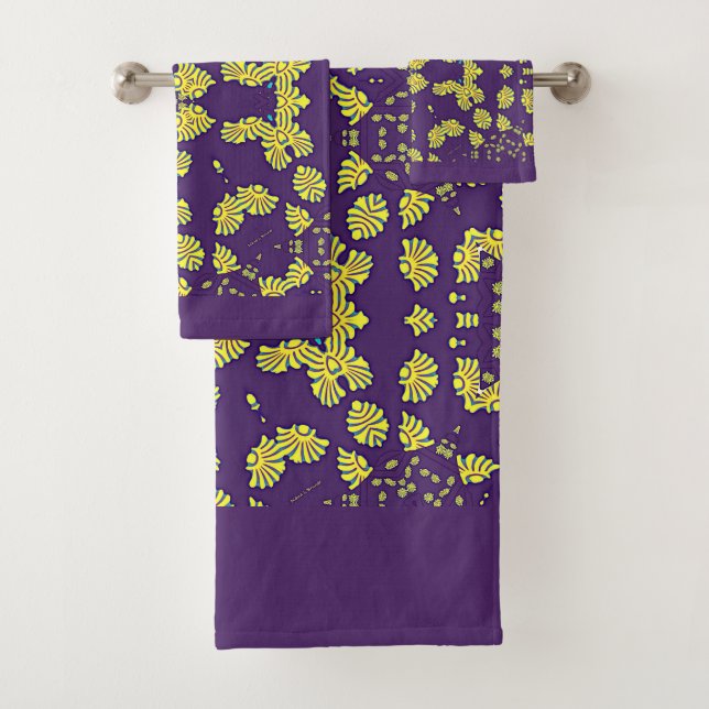 Classic Yellow Shells Purple 3 Piece Poly Cotton  Bath Towel Set (Insitu)