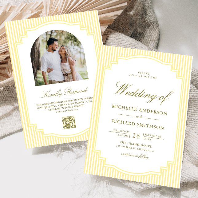 Classic Yellow Striped Photo QR Code Wedding Invitation (Creator Uploaded)