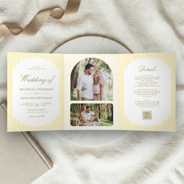 Classic Yellow Striped Photo QR Code Wedding Tri-Fold Invitation (Creator Uploaded)