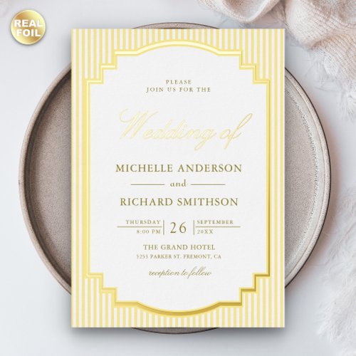 Classic Yellow Striped Photo Wedding Gold Foil Invitation