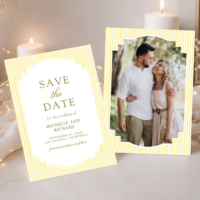 Classic Yellow Striped Photo Wedding Save The Date (Creator Uploaded)