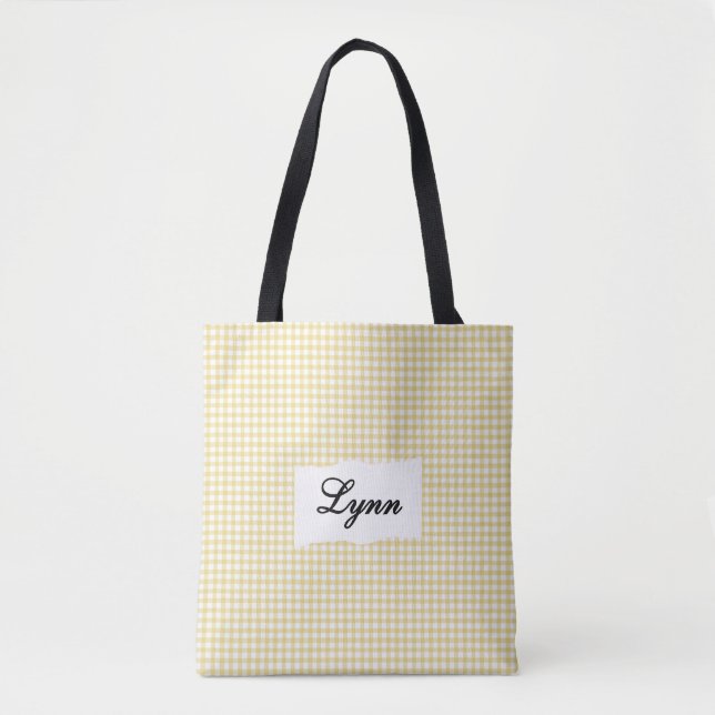 Classic Yellow & White Gingham | Personalized Name Tote Bag (Front)