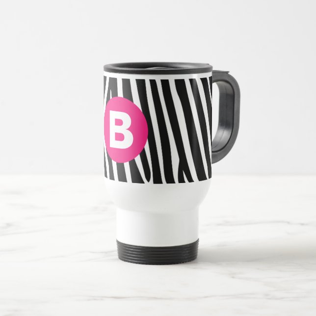 Classic Zebra Stripes Bight Pink Monogram Travel Mug (Front Right)
