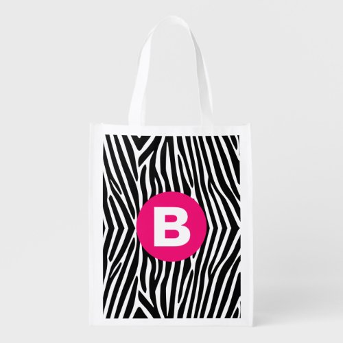 Classic Zebra Stripes Bright Pink Monogram Grocery Bag