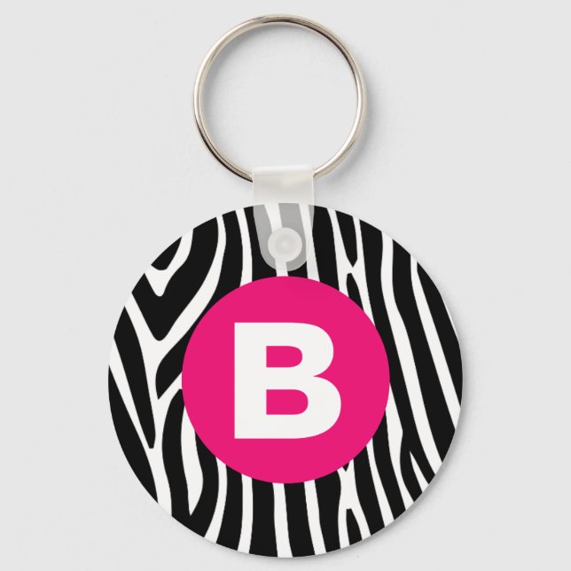 Classic Zebra Stripes Bright Pink Monogram Keychain (Front)