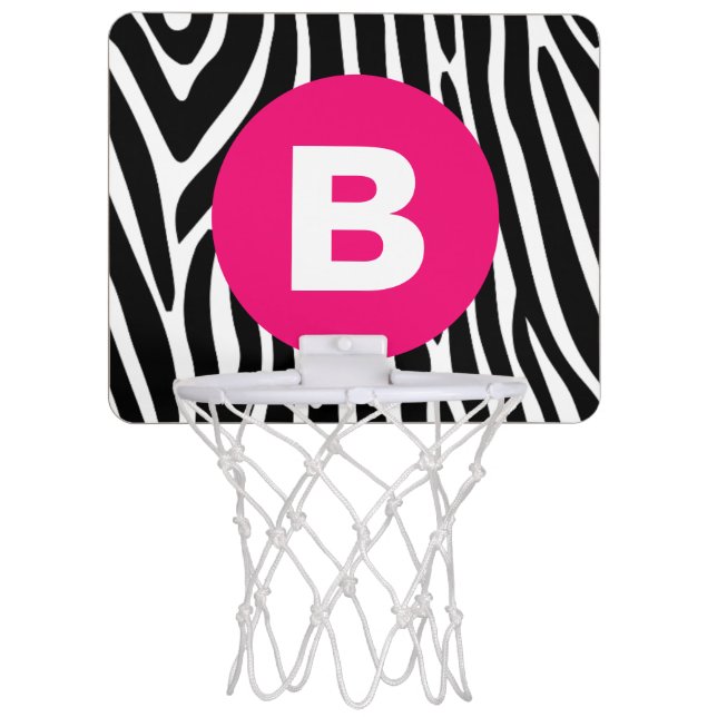 Classic Zebra Stripes Bright Pink Monogram Mini Basketball Hoop (Front)