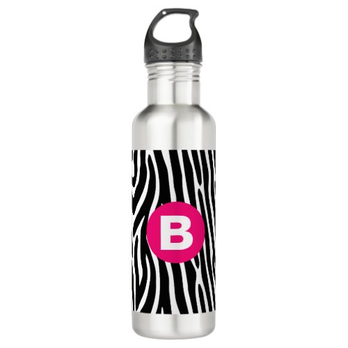 Classic Zebra Stripes Bright Pink Monogram Stainless Steel Water Bottle