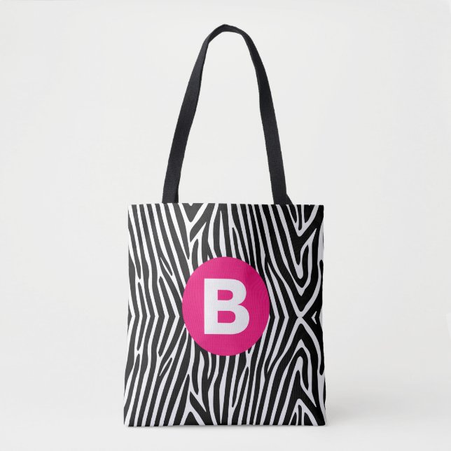 Classic Zebra Stripes Bright Pink Monogram Tote Bag (Front)