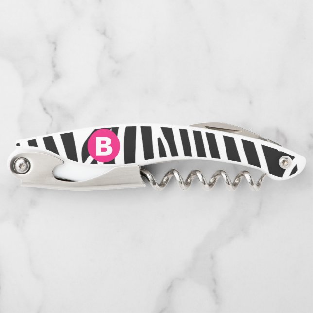Classic Zebra Stripes Bright Pink Monogram Waiter's Corkscrew (Front)