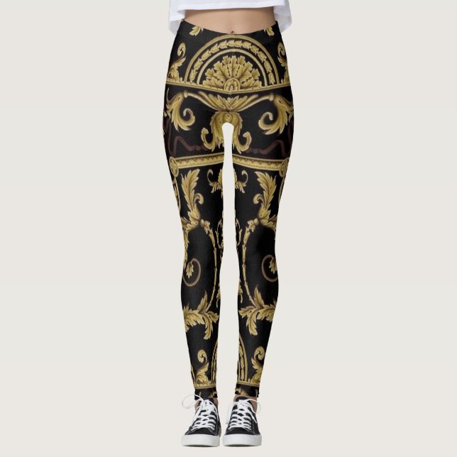 Classical Acanthus Leaf Black and Gold Leggings (Front)