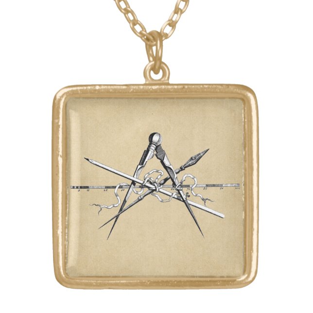 Classical Architecture Drafting Tools Gold Plated Necklace (Front)