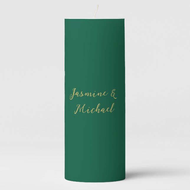 Classical Calligraphy Couple Names Green & Gold Pillar Candle (Front)