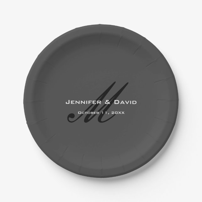 Classical Calligraphy Monogram Wedding Grey Paper Plates (Front)